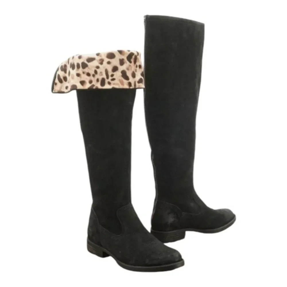 Born Black Suede Over the Knee Boots Leopard Lining Tall‎ Fashion Stylish Sz 7